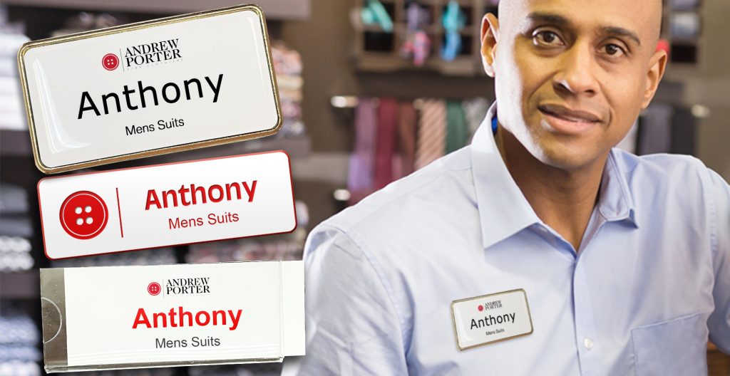 Three styles of name tags that show how logos look when printed or engraved differently which helps when increasing business success.