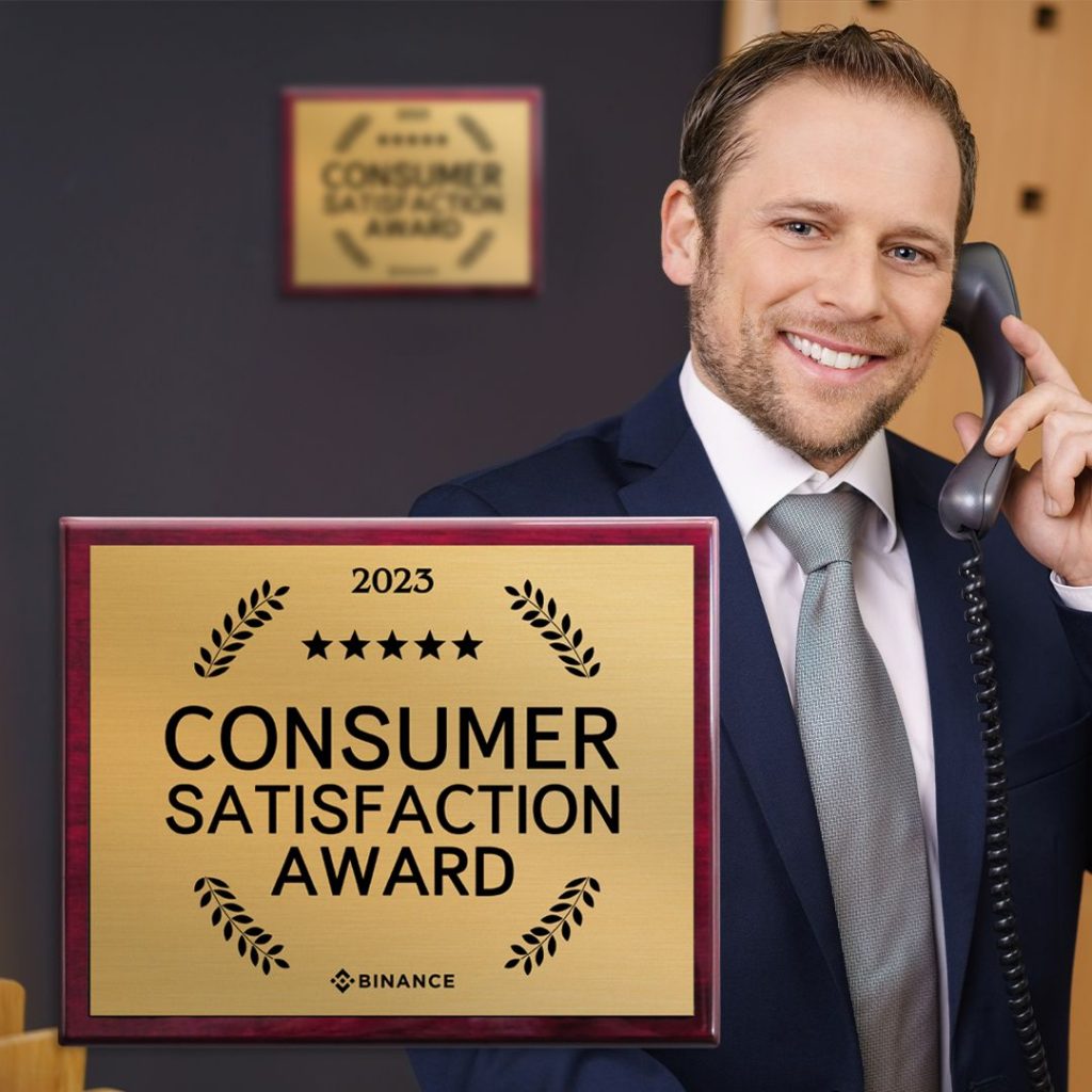 A worker on the phone with a consumer satisfaction award plaque on the wall