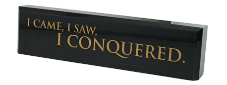 Black acrylic desk nameplate with engraved text