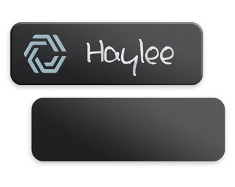 Examples of two 1x3 inch chalkboard badges.
