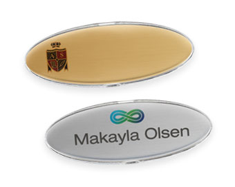 Elongated Oval Logo Mighty Badges, 0.92x2.75 inches.